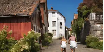 Two individuals cycling along a quaint street in a charming town.