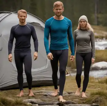 three people wearing long underwear, walking